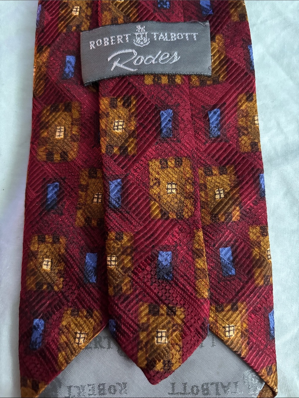 Robert Talbott Burgundy Tie with Gold and Blue Geometric Motif